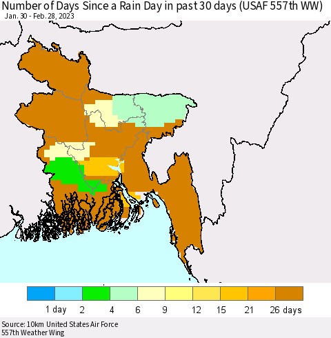 Bangladesh Number of Days Since a Rain Day in past 30 days (USAF 557th WW) Thematic Map For 2/26/2023 - 2/28/2023