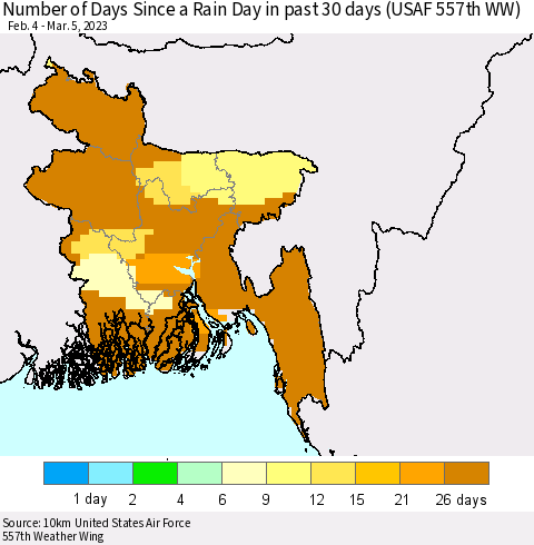 Bangladesh Number of Days Since a Rain Day in past 30 days (USAF 557th WW) Thematic Map For 3/1/2023 - 3/5/2023