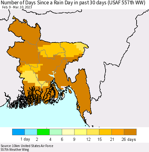 Bangladesh Number of Days Since a Rain Day in past 30 days (USAF 557th WW) Thematic Map For 3/6/2023 - 3/10/2023