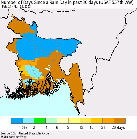 Bangladesh Number of Days Since a Rain Day in past 30 days (USAF 557th WW) Thematic Map For 3/11/2023 - 3/15/2023
