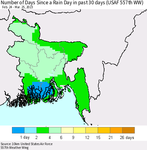 Bangladesh Number of Days Since a Rain Day in past 30 days (USAF 557th WW) Thematic Map For 3/21/2023 - 3/25/2023
