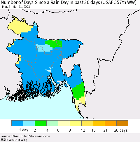 Bangladesh Number of Days Since a Rain Day in past 30 days (USAF 557th WW) Thematic Map For 3/26/2023 - 3/31/2023