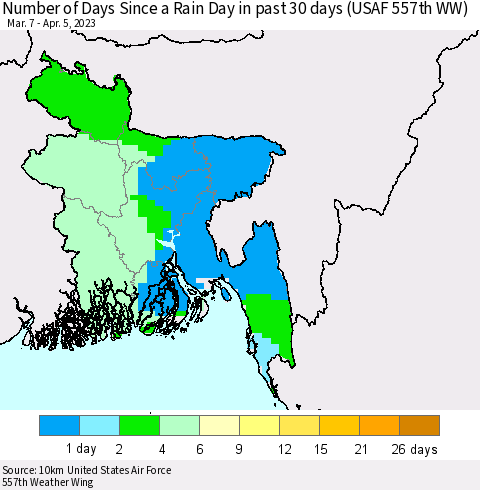 Bangladesh Number of Days Since a Rain Day in past 30 days (USAF 557th WW) Thematic Map For 4/1/2023 - 4/5/2023