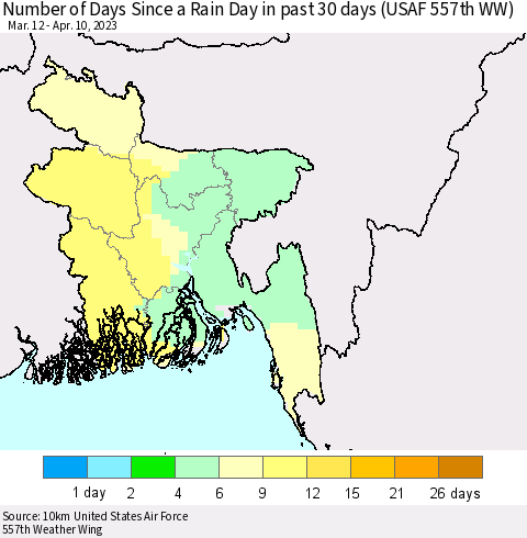 Bangladesh Number of Days Since a Rain Day in past 30 days (USAF 557th WW) Thematic Map For 4/6/2023 - 4/10/2023