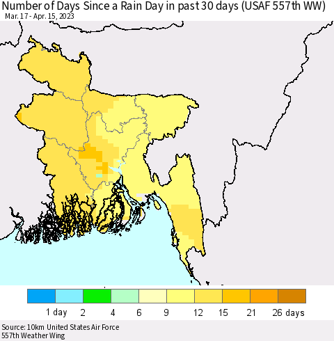 Bangladesh Number of Days Since a Rain Day in past 30 days (USAF 557th WW) Thematic Map For 4/11/2023 - 4/15/2023