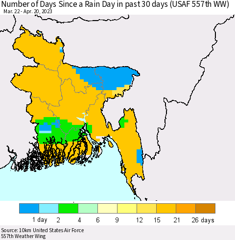 Bangladesh Number of Days Since a Rain Day in past 30 days (USAF 557th WW) Thematic Map For 4/16/2023 - 4/20/2023