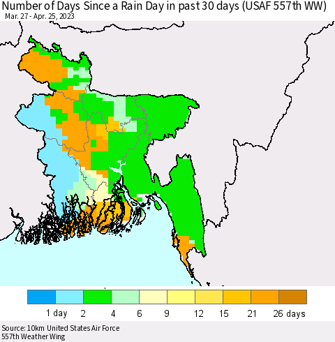 Bangladesh Number of Days Since a Rain Day in past 30 days (USAF 557th WW) Thematic Map For 4/21/2023 - 4/25/2023