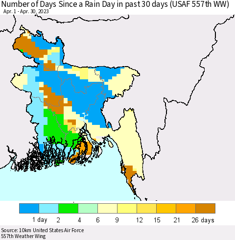 Bangladesh Number of Days Since a Rain Day in past 30 days (USAF 557th WW) Thematic Map For 4/26/2023 - 4/30/2023