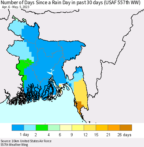 Bangladesh Number of Days Since a Rain Day in past 30 days (USAF 557th WW) Thematic Map For 5/1/2023 - 5/5/2023