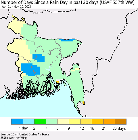 Bangladesh Number of Days Since a Rain Day in past 30 days (USAF 557th WW) Thematic Map For 5/6/2023 - 5/10/2023