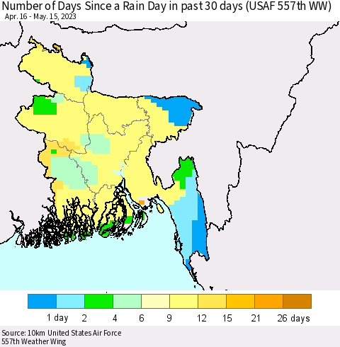 Bangladesh Number of Days Since a Rain Day in past 30 days (USAF 557th WW) Thematic Map For 5/11/2023 - 5/15/2023
