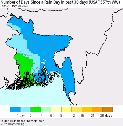 Bangladesh Number of Days Since a Rain Day in past 30 days (USAF 557th WW) Thematic Map For 5/16/2023 - 5/20/2023