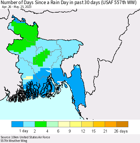 Bangladesh Number of Days Since a Rain Day in past 30 days (USAF 557th WW) Thematic Map For 5/21/2023 - 5/25/2023