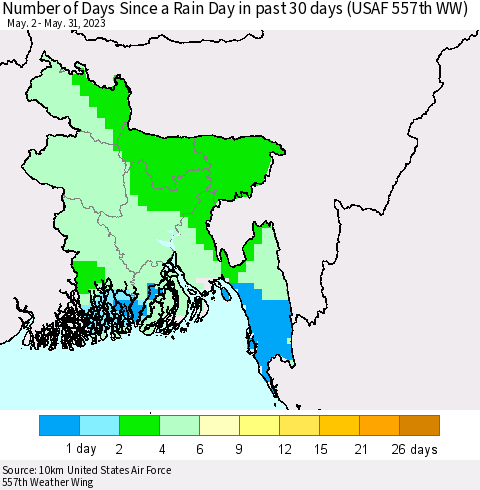 Bangladesh Number of Days Since a Rain Day in past 30 days (USAF 557th WW) Thematic Map For 5/26/2023 - 5/31/2023