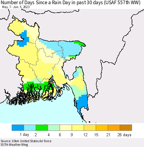 Bangladesh Number of Days Since a Rain Day in past 30 days (USAF 557th WW) Thematic Map For 6/1/2023 - 6/5/2023