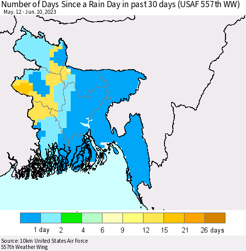 Bangladesh Number of Days Since a Rain Day in past 30 days (USAF 557th WW) Thematic Map For 6/6/2023 - 6/10/2023