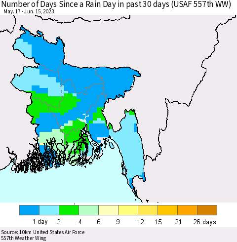 Bangladesh Number of Days Since a Rain Day in past 30 days (USAF 557th WW) Thematic Map For 6/11/2023 - 6/15/2023