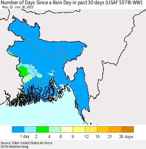Bangladesh Number of Days Since a Rain Day in past 30 days (USAF 557th WW) Thematic Map For 6/16/2023 - 6/20/2023