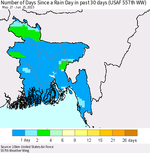 Bangladesh Number of Days Since a Rain Day in past 30 days (USAF 557th WW) Thematic Map For 6/21/2023 - 6/25/2023
