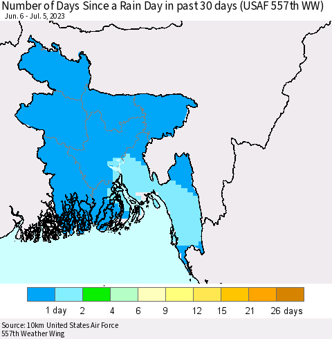 Bangladesh Number of Days Since a Rain Day in past 30 days (USAF 557th WW) Thematic Map For 7/1/2023 - 7/5/2023