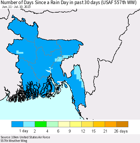 Bangladesh Number of Days Since a Rain Day in past 30 days (USAF 557th WW) Thematic Map For 7/6/2023 - 7/10/2023