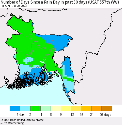 Bangladesh Number of Days Since a Rain Day in past 30 days (USAF 557th WW) Thematic Map For 7/16/2023 - 7/20/2023
