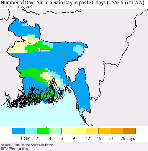 Bangladesh Number of Days Since a Rain Day in past 30 days (USAF 557th WW) Thematic Map For 7/21/2023 - 7/25/2023