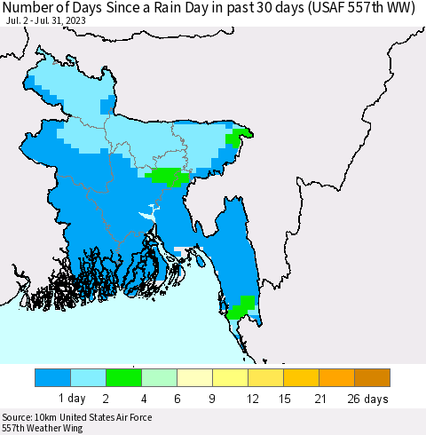 Bangladesh Number of Days Since a Rain Day in past 30 days (USAF 557th WW) Thematic Map For 7/26/2023 - 7/31/2023