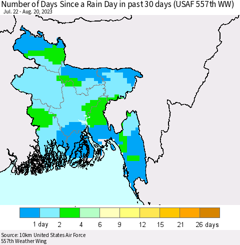 Bangladesh Number of Days Since a Rain Day in past 30 days (USAF 557th WW) Thematic Map For 8/16/2023 - 8/20/2023