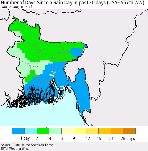 Bangladesh Number of Days Since a Rain Day in past 30 days (USAF 557th WW) Thematic Map For 8/26/2023 - 8/31/2023
