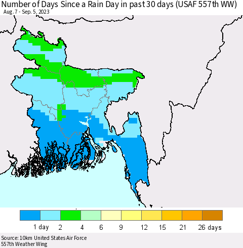 Bangladesh Number of Days Since a Rain Day in past 30 days (USAF 557th WW) Thematic Map For 9/1/2023 - 9/5/2023
