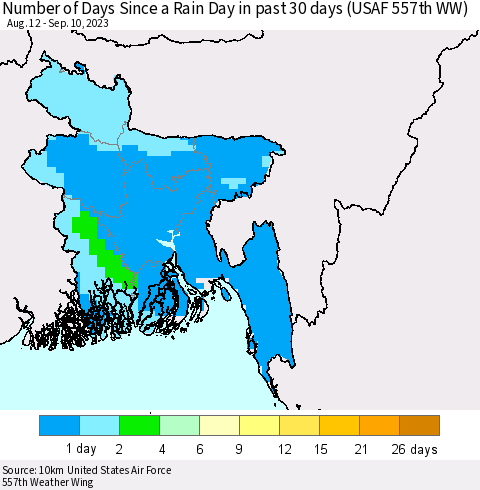 Bangladesh Number of Days Since a Rain Day in past 30 days (USAF 557th WW) Thematic Map For 9/6/2023 - 9/10/2023