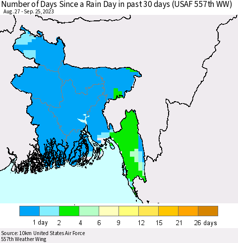 Bangladesh Number of Days Since a Rain Day in past 30 days (USAF 557th WW) Thematic Map For 9/21/2023 - 9/25/2023