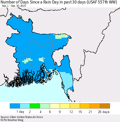 Bangladesh Number of Days Since a Rain Day in past 30 days (USAF 557th WW) Thematic Map For 9/26/2023 - 9/30/2023