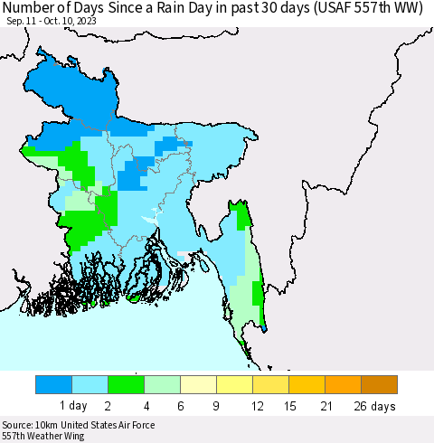 Bangladesh Number of Days Since a Rain Day in past 30 days (USAF 557th WW) Thematic Map For 10/6/2023 - 10/10/2023