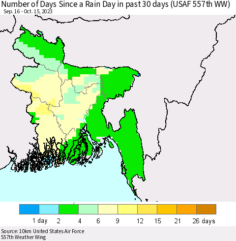 Bangladesh Number of Days Since a Rain Day in past 30 days (USAF 557th WW) Thematic Map For 10/11/2023 - 10/15/2023