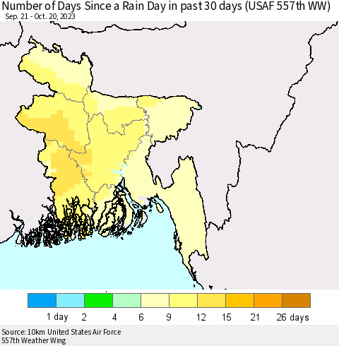 Bangladesh Number of Days Since a Rain Day in past 30 days (USAF 557th WW) Thematic Map For 10/16/2023 - 10/20/2023