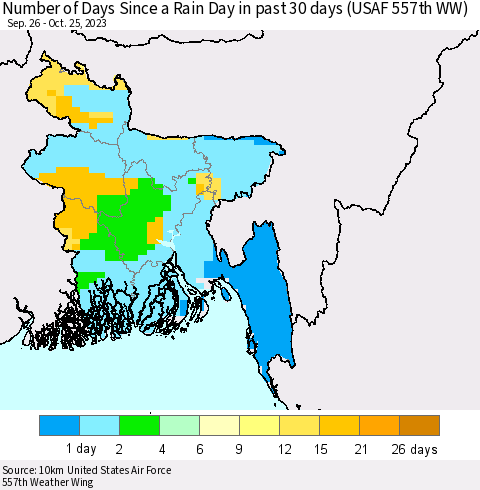 Bangladesh Number of Days Since a Rain Day in past 30 days (USAF 557th WW) Thematic Map For 10/21/2023 - 10/25/2023