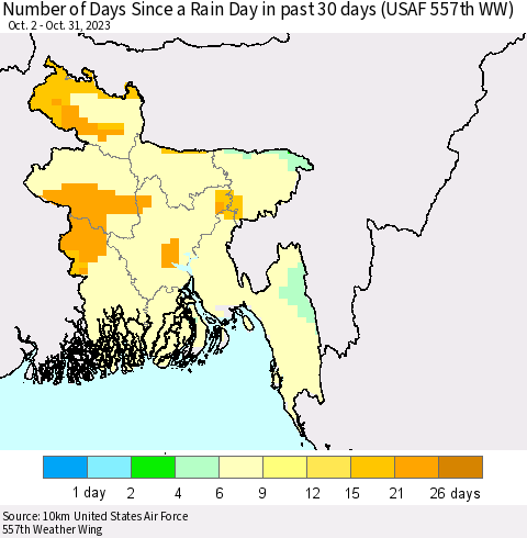 Bangladesh Number of Days Since a Rain Day in past 30 days (USAF 557th WW) Thematic Map For 10/26/2023 - 10/31/2023