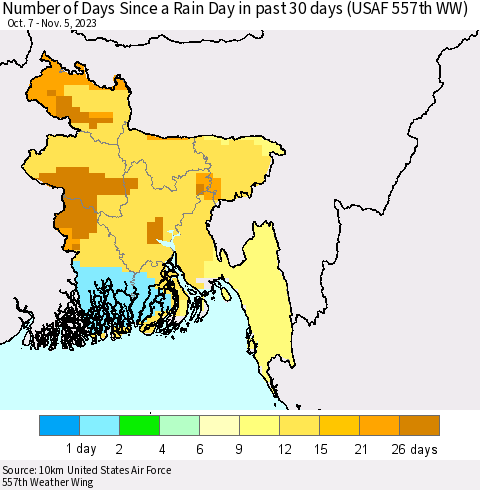 Bangladesh Number of Days Since a Rain Day in past 30 days (USAF 557th WW) Thematic Map For 11/1/2023 - 11/5/2023