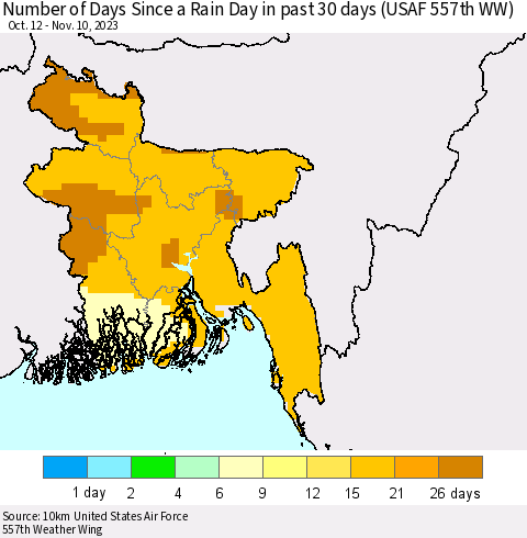 Bangladesh Number of Days Since a Rain Day in past 30 days (USAF 557th WW) Thematic Map For 11/6/2023 - 11/10/2023