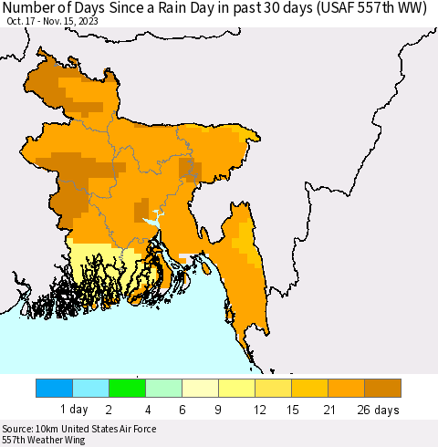 Bangladesh Number of Days Since a Rain Day in past 30 days (USAF 557th WW) Thematic Map For 11/11/2023 - 11/15/2023