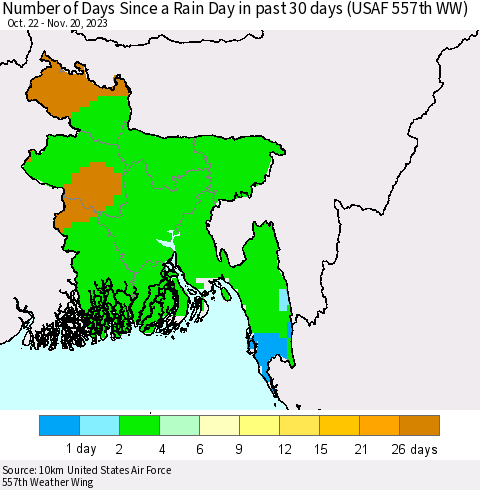 Bangladesh Number of Days Since a Rain Day in past 30 days (USAF 557th WW) Thematic Map For 11/16/2023 - 11/20/2023