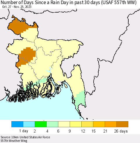Bangladesh Number of Days Since a Rain Day in past 30 days (USAF 557th WW) Thematic Map For 11/21/2023 - 11/25/2023