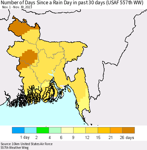 Bangladesh Number of Days Since a Rain Day in past 30 days (USAF 557th WW) Thematic Map For 11/26/2023 - 11/30/2023