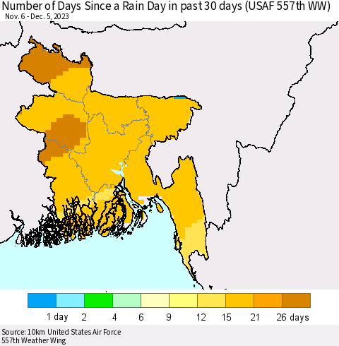 Bangladesh Number of Days Since a Rain Day in past 30 days (USAF 557th WW) Thematic Map For 12/1/2023 - 12/5/2023