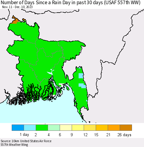 Bangladesh Number of Days Since a Rain Day in past 30 days (USAF 557th WW) Thematic Map For 12/6/2023 - 12/10/2023