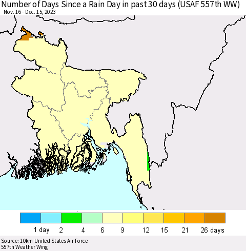 Bangladesh Number of Days Since a Rain Day in past 30 days (USAF 557th WW) Thematic Map For 12/11/2023 - 12/15/2023