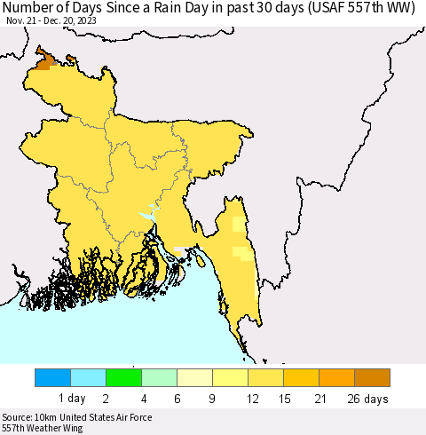 Bangladesh Number of Days Since a Rain Day in past 30 days (USAF 557th WW) Thematic Map For 12/16/2023 - 12/20/2023