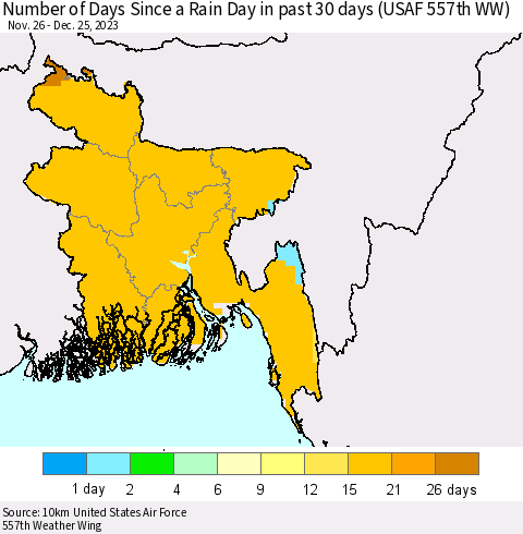 Bangladesh Number of Days Since a Rain Day in past 30 days (USAF 557th WW) Thematic Map For 12/21/2023 - 12/25/2023